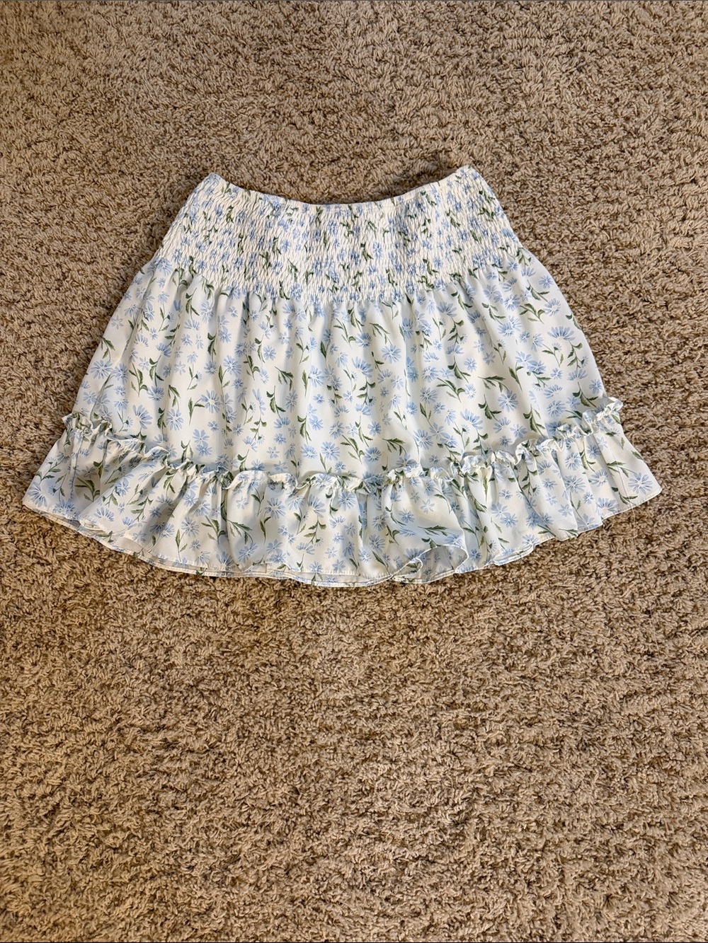 Floral Smocked Ruffle Mini Skirt - White with Blue & Green Print. Size Medium.